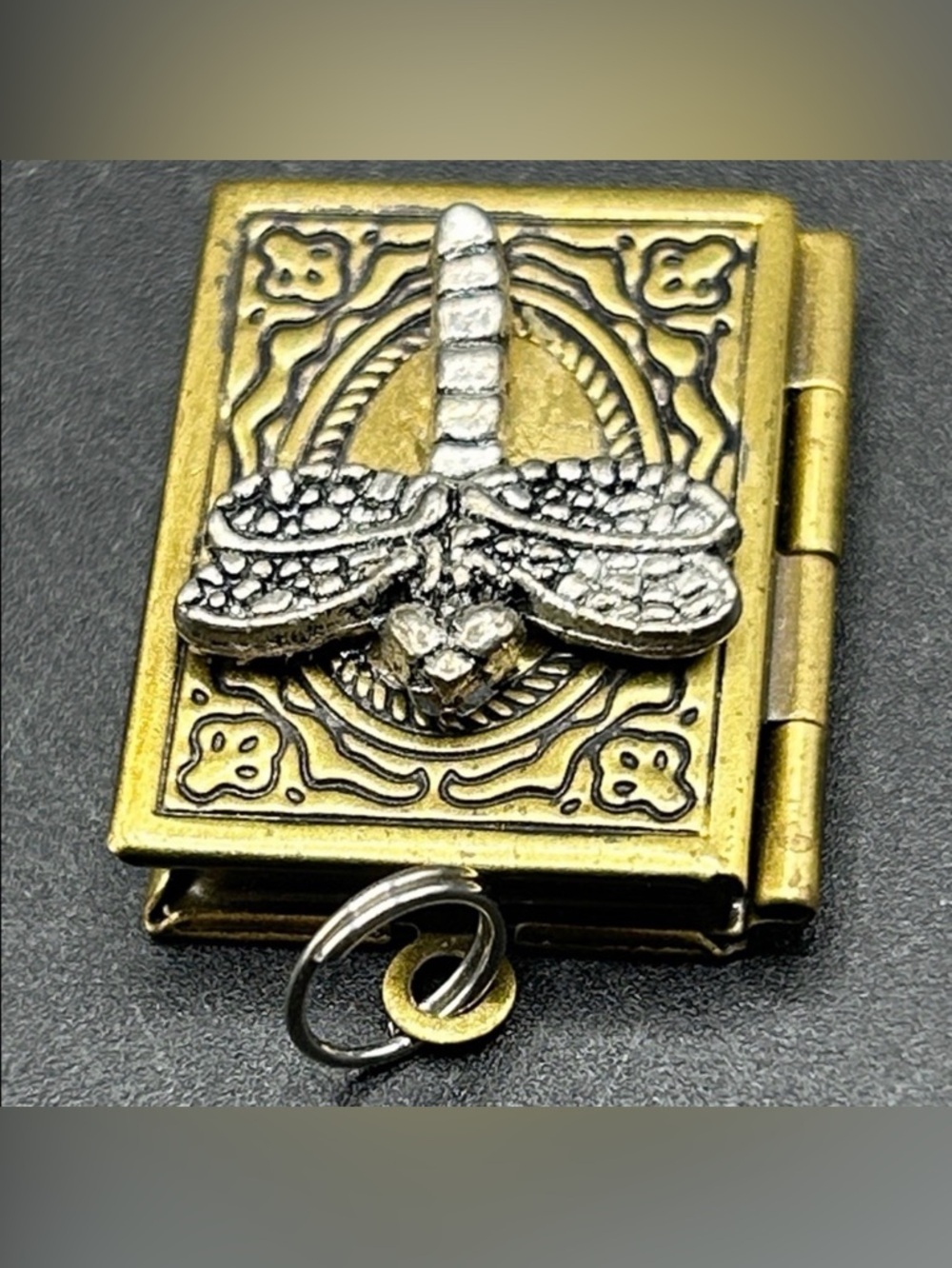 Dragonfly Book Locket Pendant, Gold & Silver Tone Metal Necklace Pendant Jewelry